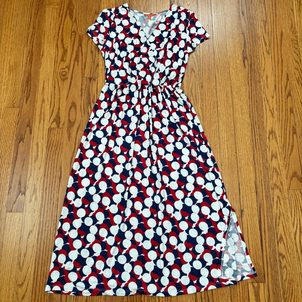Modcloth short sleeve red navy white bold polka dots wrap V-neck pull over dress - Picture 3 of 16